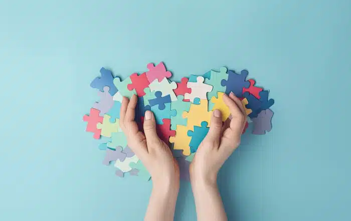 Hands holding a variety of colorful puzzle pieces