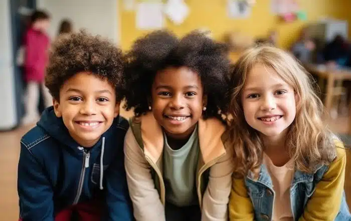 Happy, diverse group of junior school students smiling at the camera in a classroom