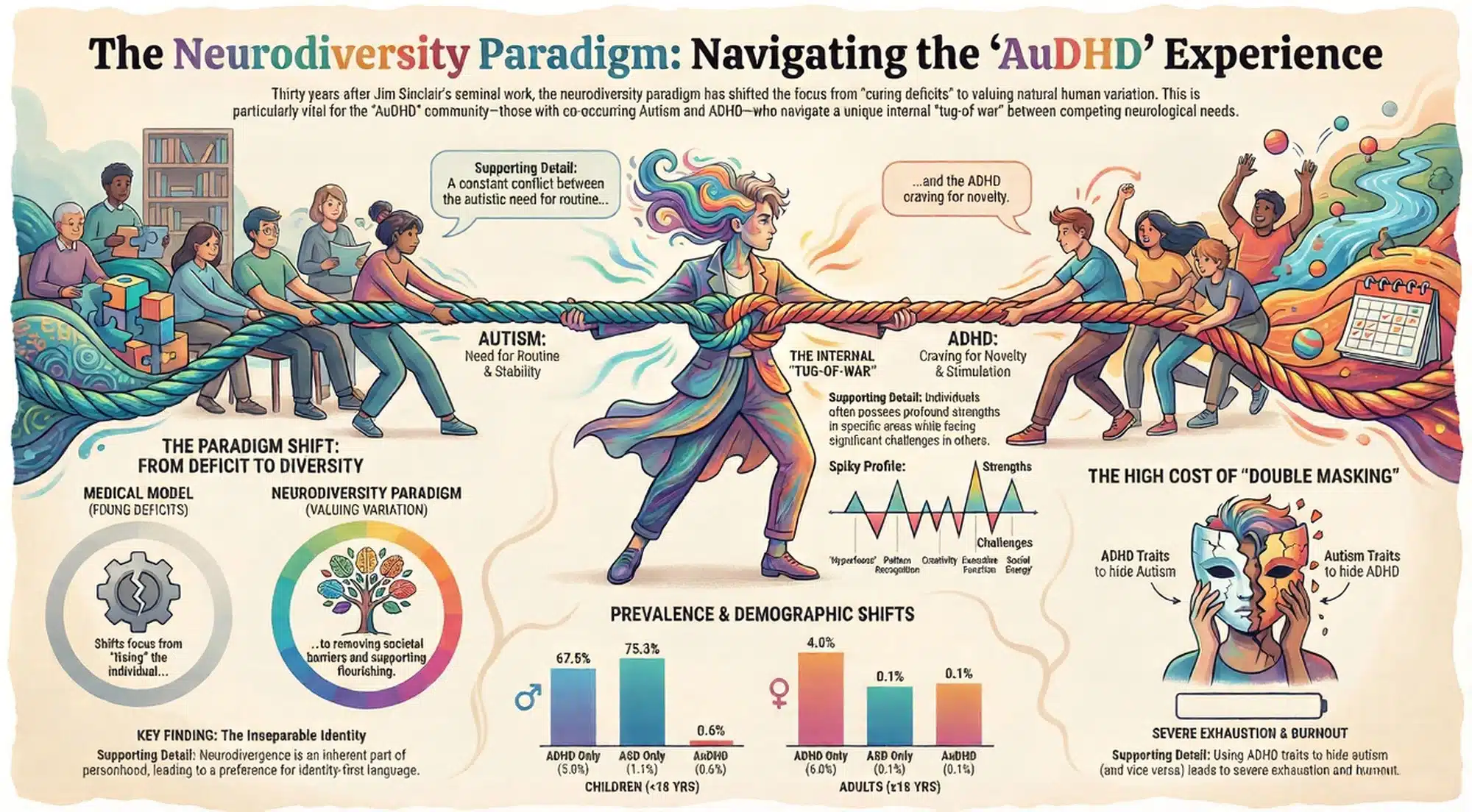 auDHD A drawn representation of a person pulling on a rope with traits of autism on one side and traits of ADHD on the other